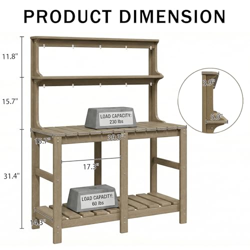 Polyhouz Outdoor Potting Bench with 3 Tier, All-Weather Patio Potting Table with Tool Hooks, HDPE Gardening Table for Backyard, Garden, Brown