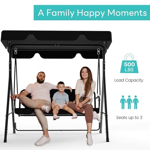 Murago Outdoor Patio Swing Chair with Adjustable Canopy, Outdoor Patio Glider Swing with Heavy Duty Stand for 3 Adult Persons, Ideal for Deck, Lawn, Backyard, or Porch, Black