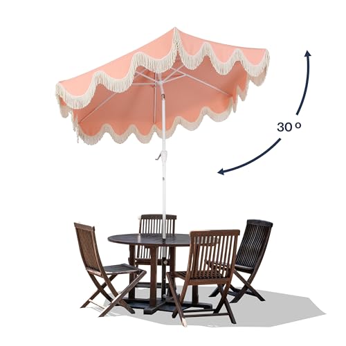 JONATHAN Y Collins 9 ft. Bohemian Fringe Outdoor Patio Umbrella with Crank Lift and Tilt, Scalloped UV-Resistant Market Sunshade for Pool and Deck, Coral Pink, White Pole UMB1001J