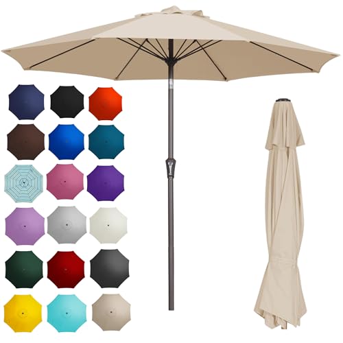 PatioKingdom 9FT Patio Outdoor Umbrella-UPF 50+ Sun Shade with Wind Vent, Push-Button Tilt & Smooth Crank Lift, Rust-Resistant Fiberglass Frame for Garden, Backyard,Yard (Beige)