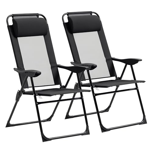 Outsunny Folding Patio Dining Chairs Set of 2, Outdoor Deck Chair with Adjustable Sling Back, Camping Chair with Removable Headrest for Garden, Backyard, Lawn, Black