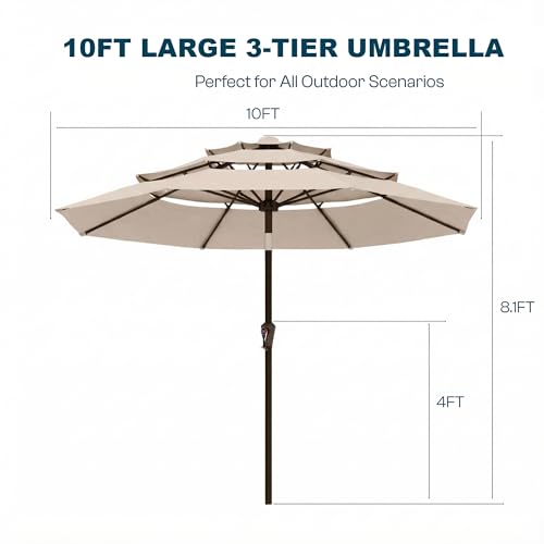 Patio Kingdom 10ft Patio Umbrella, 3 Tier Outdoor Market Table Umbrellas with 8 Fiberglass Ribs and Push Button Tilt, Windproof, Vented Canopy, UV Protection for Deck, Pool, Backyard, Beige