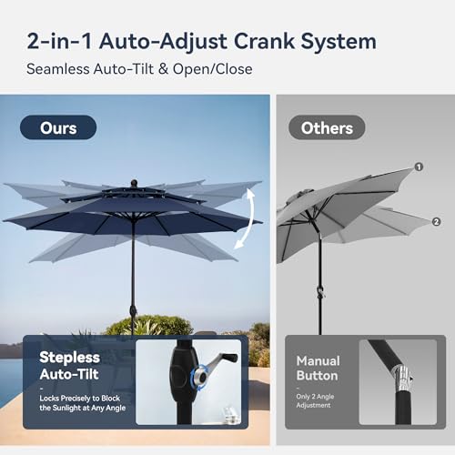 PHI VILLA 10ft Outdoor Patio Umbrellas for Outside, 3 Tier Vented Market Table Umbrella Windproof for Backyard, Deck, Garden, 1.5" Pole, Dark Blue（No Base）