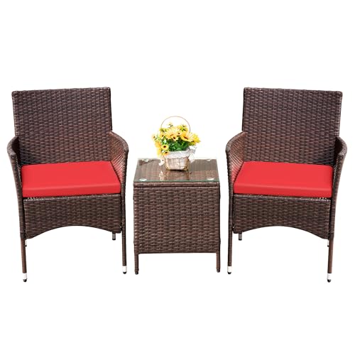 Devoko Patio Porch Furniture Sets 3 Pieces PE Rattan Wicker Chairs with Table Outdoor Garden Furniture Sets (Brown/Red)