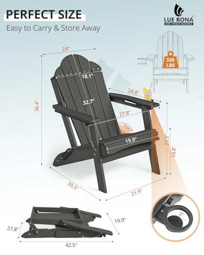 LUE BONA Folding Adirondack Chair, Chairs Set of 4, Cup Holder, Woodgrain, Fire Pit, Patio, Pool, Black