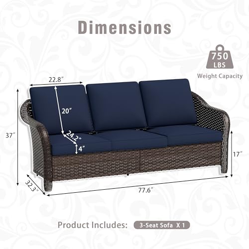 Qsoer 77 inch Outdoor Wicker 3 Seater Sofa, All-Weather Use Patio Rattan Sofa with Seat and Back Cushion, Ideal for Porch, Backyard, Balcony, Poolside, Blue