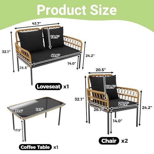 TrailBlaze 4 Piece Patio Conversation Set with Loveseat, Boho Wicker Outdoor Furniture with Glass Side Table & Detachable Cushions, All-Weather Balcony Set for Backyard Porch - Black