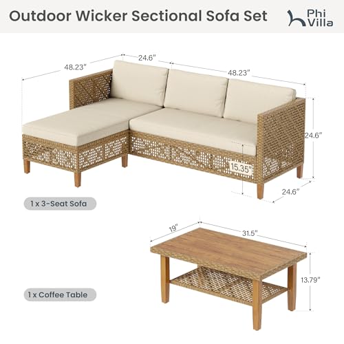 PHI VILLA Sectional Outdoor Couch, Small Patio Furniture Set with Cushions and Acacia Wood Coffee Table, L-Shaped Wicker Outdoor Sofa for Deck or Porch, 4 Seats, Beige
