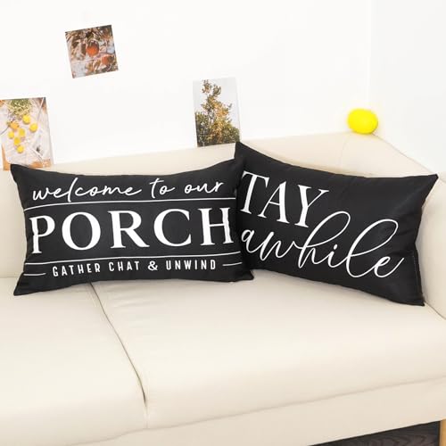 TAJWE Outdoor Pillow Covers Waterproof 12x20 Set of 2 Black and White Decorative Welcome to Our Porch Stay Awhile Cushion Cases for Patio Furniture Sofa Couch Decor