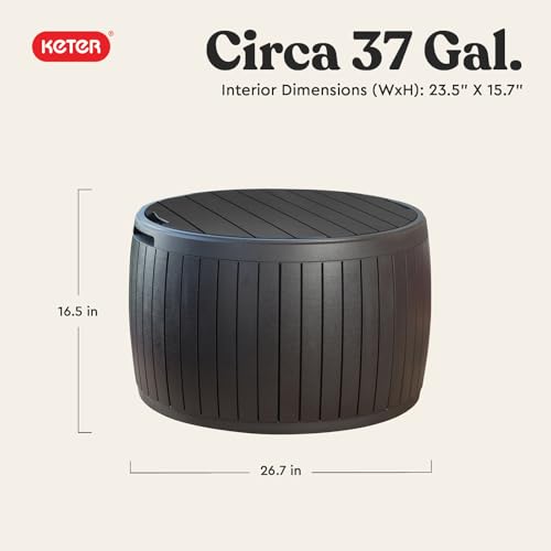 Keter Circa 37 Gallon Deck Box Organizer, Works as Ottoman Chair or Side Table, Brown – Large Resin Round Outdoor Storage and Seating for Garden, Pool, and Patio
