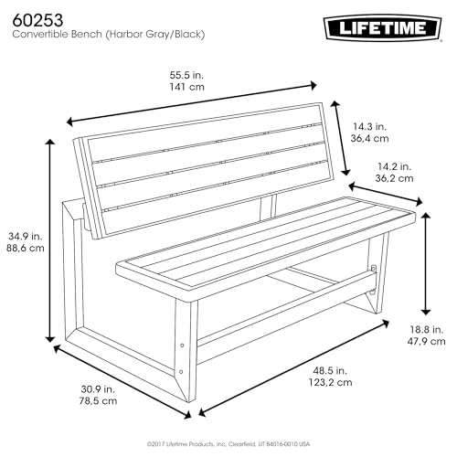 LIFETIME 60253 Outdoor Convertible Bench, 55 Inch, Harbor Gray