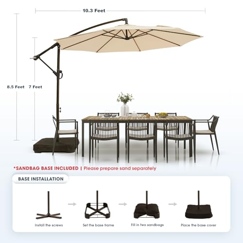 wikiwiki 10ft Patio Umbrella with Base Included, Outdoor Offset Cantilever Umbrella with Sandbag Base for Backyard, Garden and Pool, Easy to Tilt and Crank, Beige