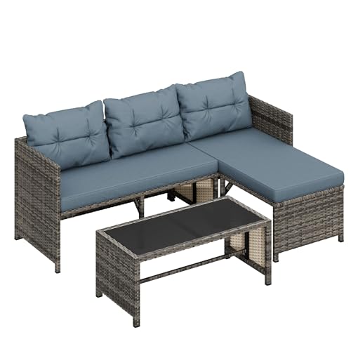 Shintenchi 3 Pieces Outdoor Patio Furniture Sets, Wicker Patio Conversation Sets, All Weather Wicker Rattan Patio Seating Sofas with Glass Coffee Table and Cushion, Blue-Gray