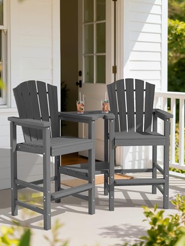 KINGYES Tall Adirondack Chair Set of 2, All-Weather HDPE Outdoor Adirondack Barstools with Removable Double Connecting Trays, High Airondack Chair with Wood Grain, Embossed Balcony Chair, Gray