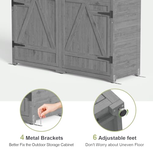 Gizoon Outdoor Storage Cabinet with Waterproof Roof, Double Lockable Doors Garden Shed with 2 Removable Shelves, Wooden Storage Shed with Large Storage Space for Patio, Garden, Backyard, Lawn, Grey