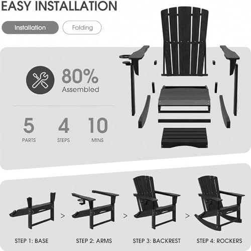 Polyhouz Adirondack Rocking Chair with Retractable Ottoman,Outdoor Folding Adirondack Chair with Cup Holder,HDPE All-Weather Patio Lounge Chair for Porch,Lawn, Poolside, Black