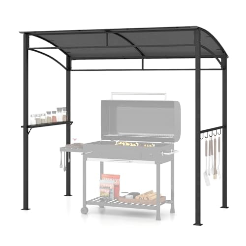 Tangkula 7ft Grill Gazebo, Patio Barbecue Canopy with Serving Shelf and Storage Hooks, Curved Grill Shelter w/Heavy-Duty Steel Frame Sunshade Awning for Outdoor Garden (Gray)