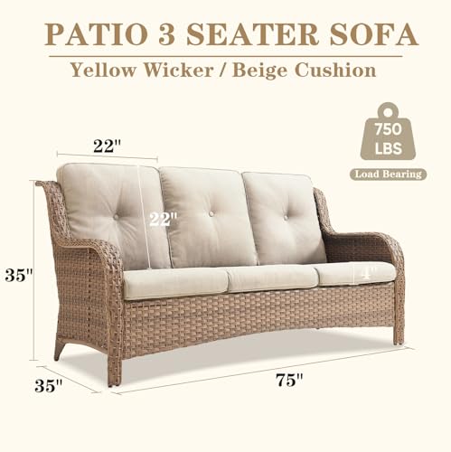Artfurniz Wicker 3-Seat Outdoor Sofa - All Weather Rattan Sofa Patio Furniture with Deep Seating, Comfortable High Back Outdoor Couch for Balcony, Porch, Deck and Backyard - Yellow/Beige