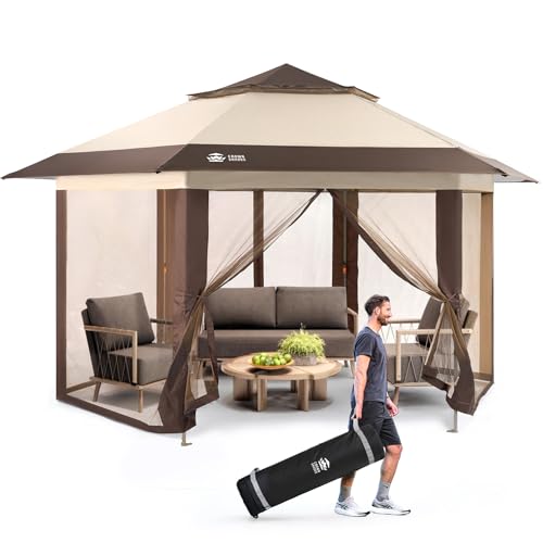CROWN SHADES 13x13 Pop Up Gazebo with Mosquito Nettings, Patented CENTERLOK 6-Sided Portable Gazebo, 300D Silver-Coated Fabric UV Resistant, Pop Up Canopy Tent for Patio, Party, Beige&Coffee