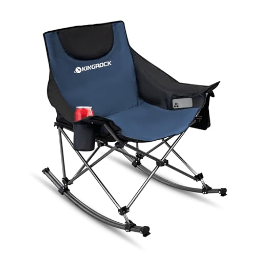 KINGROCK Oversized Rocking Camping Chair with Headrest and Carry Bag, 260LBS Capacity Folding Portable Camp Chairs for Adults, Recliner for Outdoor, Beach, Fishing, Travel, Sports Games,Navy Blue