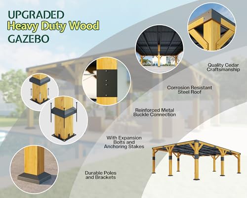 Jocisland 20' x 20' Cedar Wood Gazebo with Sloped Galvanized Steel Roof, Hardtop Gazebo Pavilion with Durable, Rot-Resistant Construction, Permanent Outdoor Pergola for Backyard, Garden & Deck
