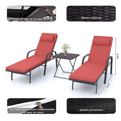 ASJMR Patio Chaise Lounge Set 3 Pieces Outdoor Lounge Chair with Rattan Adjustable Backrest Armrest and Folding Table for Beach Patio,Sand, for Poolside Backyard Porch