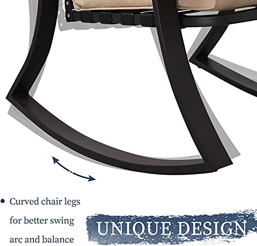 Oakcloud Oakmont Outdoor Furniture 3 Piece Conversation Bistro Set Rocking Chairs and Glass Top Table, Thick Cushions, Black Steel (Brown)