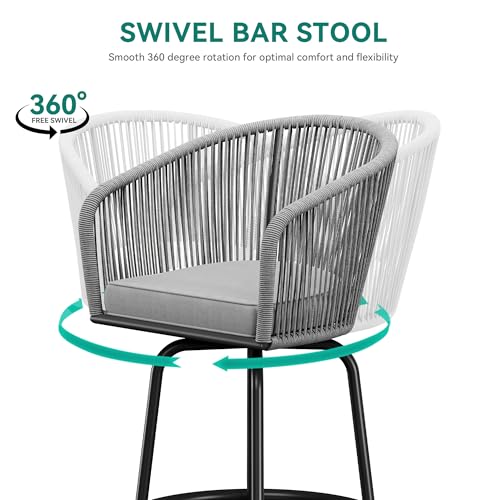 YITAHOME Counter Height Bar Stools Set of 4, Outdoor Bar Stools with Soft Cushions, Patio Rattan Swivel Bar Chairs for Backyard Poolside, Garden w /360 Rotation (Gray)
