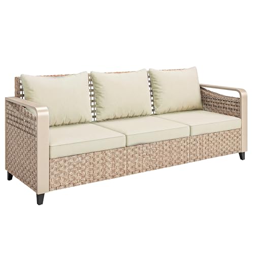 Outsunny Outdoor Patio Couch with Wide and Deep Seat, 3 Seater Wicker Outdoor Sofa with Wide Metal Armrests, Patio Furniture Couch with Cushions for Porch, Garden, Backyard, Beige