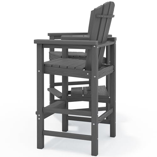 KINGYES Tall Adirondack Chair Set of 2, All-Weather HDPE Outdoor Adirondack Barstools with Removable Double Connecting Trays, High Airondack Chair with Wood Grain, Embossed Balcony Chair, Gray