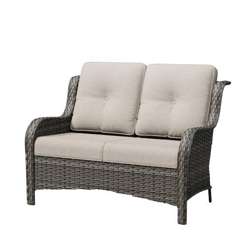 Gardenbee Wicker Patio Loveseat, 2 Seat Outdoor Couch with Thickened Olefin Cushions, High Back and Deep Seating, Hand-Woven PE Rattan for Porch, Deck, Balcony