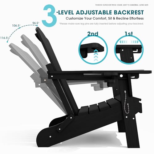 THOEOE Folding Adjustable Adirondack Chairs with Ottoman & 1 Cup Holders, HDEP Multifunctional Adirondack Chair with Footrest,Black