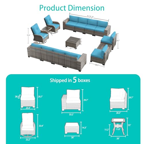 Muphyers 15-Piece Outdoor Patio Furniture Set with Rocking Swivel Chair Wicker Sectional Sofa Set, Patio Conversation Set with Thickened Cushions & Coffee Table for Garden, Backyard, Turquoise