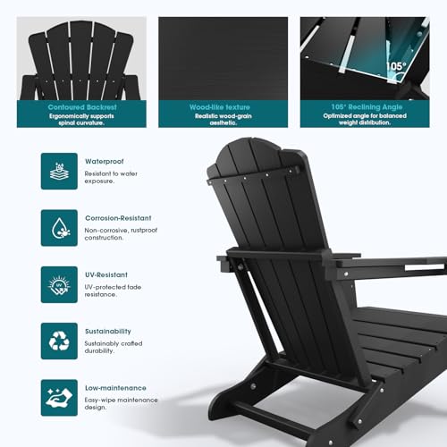 THOEOE Folding Adirondack Chair Set of 2,HDPE All-Weather Outdoor Chair with Cup Holder,Wooden Textured,Fire Pit Chair,Plastic Patio Chair for Deck,Backyard,Garden,Lawn, Black