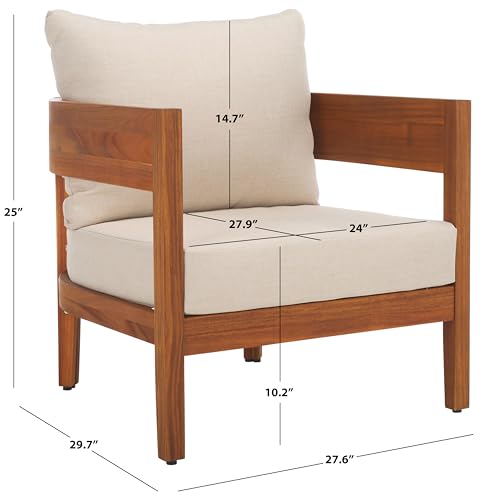 SAFAVIEH Outdoor - Theo Armchair Set of 2 - Natural & Taupe - Solid Wood with Cushion - Mid-Century Slatted Frame Design - Ideal for Patio, Deck, Porch, Backyard, 15" Seat Height (PAT7087A-SET2)
