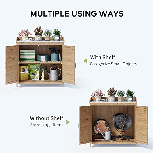 Gizoon Outdoor Potting Bench with Metal Tabletop, Outdoor Garden Patio Wooden Storage Cabinet with Adjustable Shelf, Double Doors Garden Work Bench for Backyard, Patio, Lawn - Natural