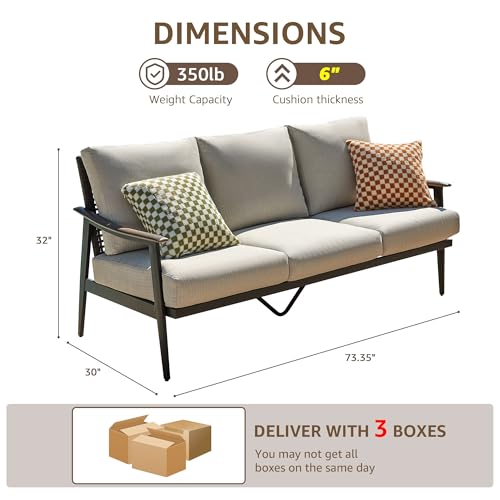 NATURAL EXPRESSIONS Patio Sofa Outdoor Furniture Metal Chair with Wicker Backrest & 6 Inches Cushion for Indoor, Front Porch, Deck, Balcony, Backyard, Sunroom, 73.35"(L) x 29.75"(W) x 33.86"(H).