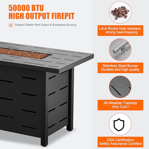 Walsunny 43 inch Outdoor Propane Fire Pit 50,000 BTU Gas Fire Pit Table with Lid, Waterproof Cover, Rectangle Gas Firepit Table for Garden/Patio, CSA Certification