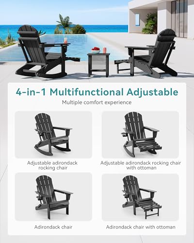 Serique Adjustable Adirondack Rocking Chair with Retractable Ottoman, 4-in-1 Multifunctional Folding Patio Chair with Cup Holder, Outdoor Chair Wood Texture for Lawn, Porch, Backyard, Pool(Black)
