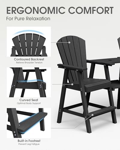 SUUNYN Tall Adirondack Chairs Set of 2, HDPE High Adirondack Chairs with Double Removable Trays, All Weather Outdoor Barstools for Patio, Balcony, Backyard, Deck and Garden, Black
