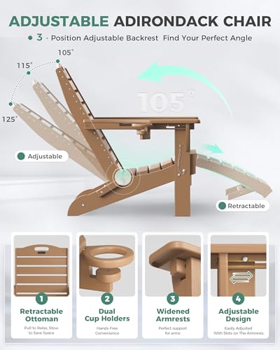 SUUNYN Folding Adirondack Chair with Retractable Ottoman Weather Resistant Fire Pit Chair Patio Chair with 2 Cup Holder Lawn Outdoor Lounge Chair (Teak)