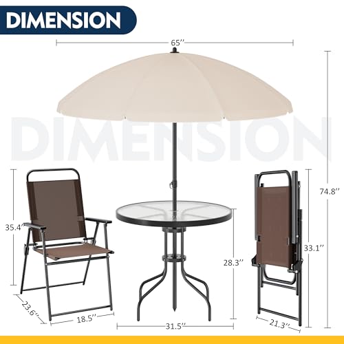 Shintenchi 6 Piece Patio Dining Set with Umbrella, Outdoor Furniture Set with 4 Folding Chairs and Tempered Glass Top Dining Table fot Lawn Backyard Garden Porch Brown and Beige
