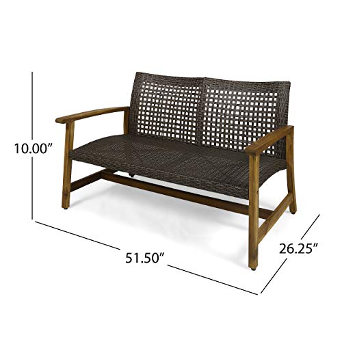 Great Deal Furniture Marcia Outdoor Wood and Wicker Loveseat, Natural Finish with Mix Mocha Wicker,Mix Mocha, Natural Stained Finish,307798