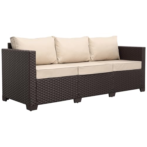 Rattan Star Outdoor Furniture Couch 3 Seater Sofa Outdoor Brown Wicker Sofa Deep Seat High Backrest Patio Couch with Non-Slip Cushions Waterproof Cover, Khaki