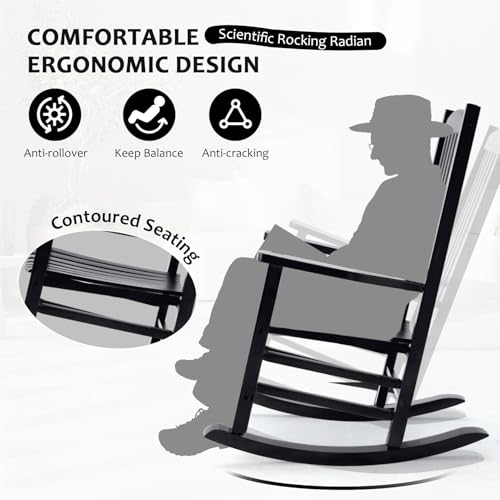 Hupmad Wooden Rocking Chair Outdoor Oversized Porch Rocker Chair,Patio Wooden Rocker with High Back and Armrest,All Weather Rocker Slatted for Backyard,Garden,400 lbs Support,Black