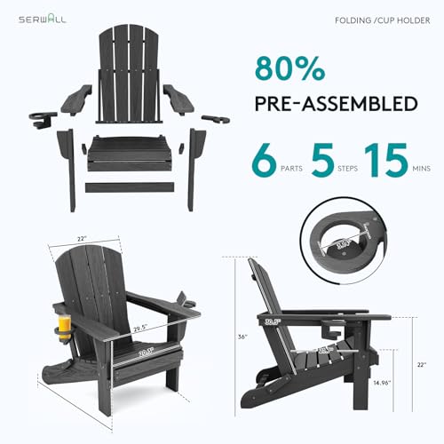SERWALL Foldable Adirondack Chair Set of 2, HDPE Adirondack Chair with Wood-Texture-Gray