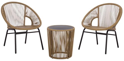 SAFAVIEH Outdoor Patio Furniture Collection – Otto Natural Rattan & Black 3-Piece Set, Modern Rope Chairs & Matching Table (PAT7549A)