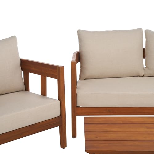 SAFAVIEH Outdoor Patio Furniture - Owen 4-Piece Set - Sand & Taupe - Acacia Wood - Conversation Set with Detachable Cushion Covers - Ideal for Patio, Deck, Porch, Backyard (PAT9510A-KIT2)