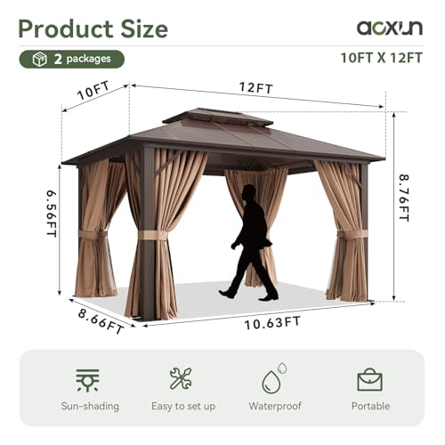 Aoxun 12'x10' Hardtop Gazebo, Aluminum Frame Permanent Pavilion with Curtains and Netting, Outdoor Polycarbonate Double Roof Canopy, Designed for Garden, Lawns, Patio, Brown
