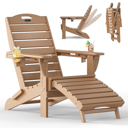 SUUNYN Folding Adirondack Chair with Retractable Ottoman Weather Resistant Fire Pit Chair Patio Chair with 2 Cup Holder Lawn Outdoor Lounge Chair (Teak)